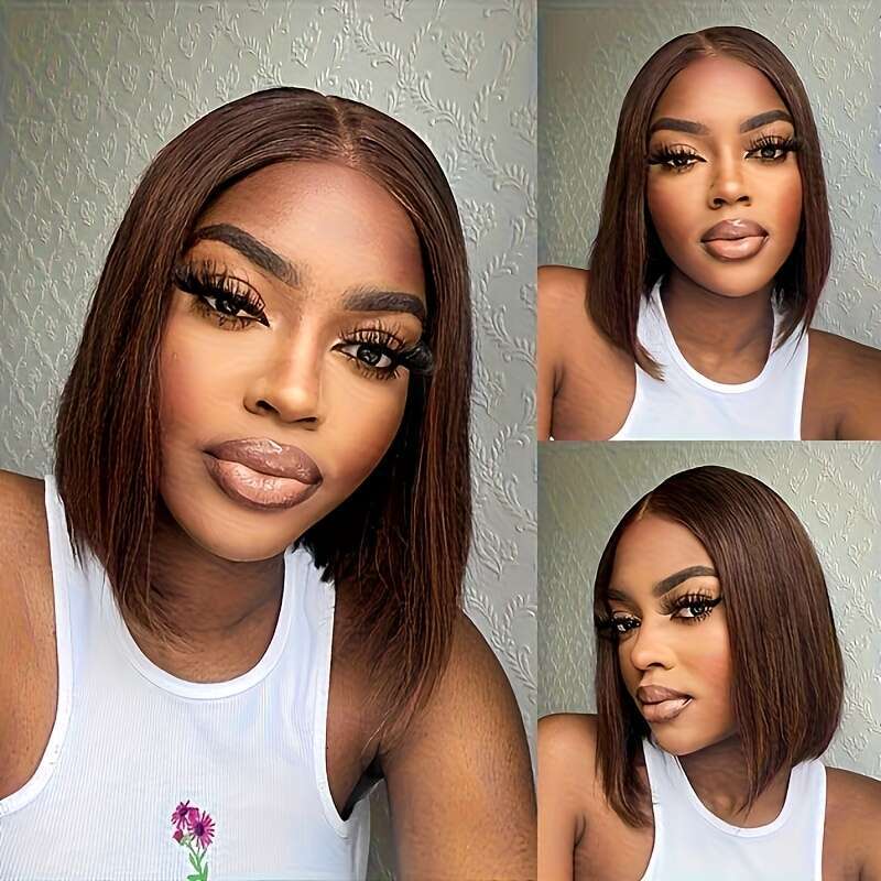 #4 Gluless Wigs Virgin 220% Chocolate Hairs 13X6x1 Middle Part Hairy Straight Bob 14Inch/16Inch/18Inch Dark Brown Brazilian Human Hair Lace Front Wig 