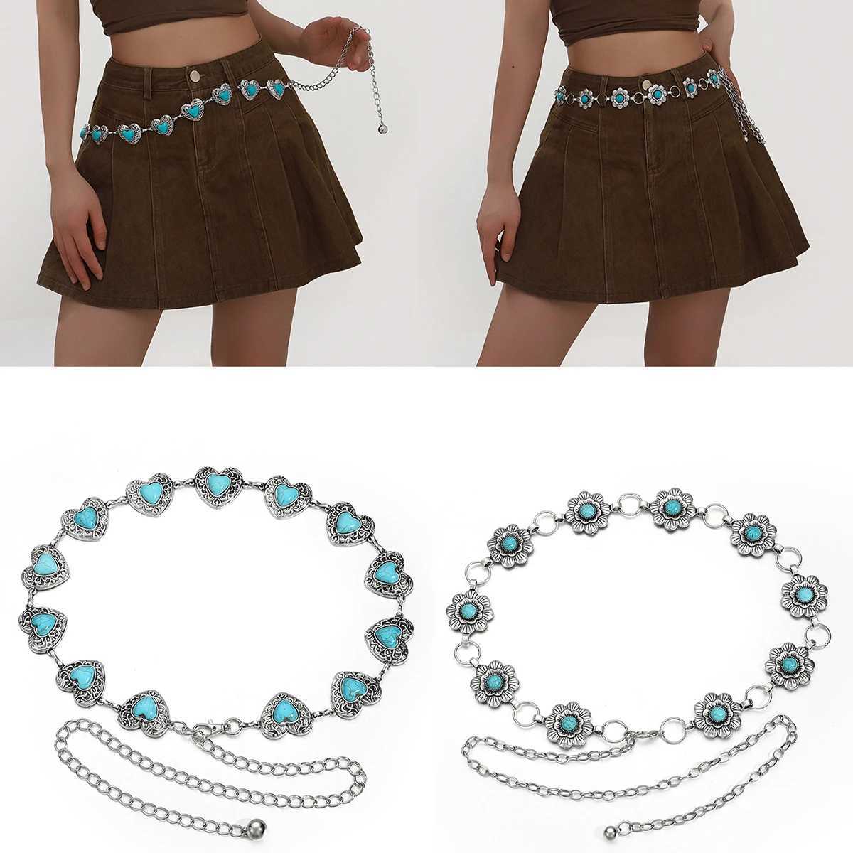 Bohen Retro Love Carved Turquoise Ladies Silver Waist Chain X250410