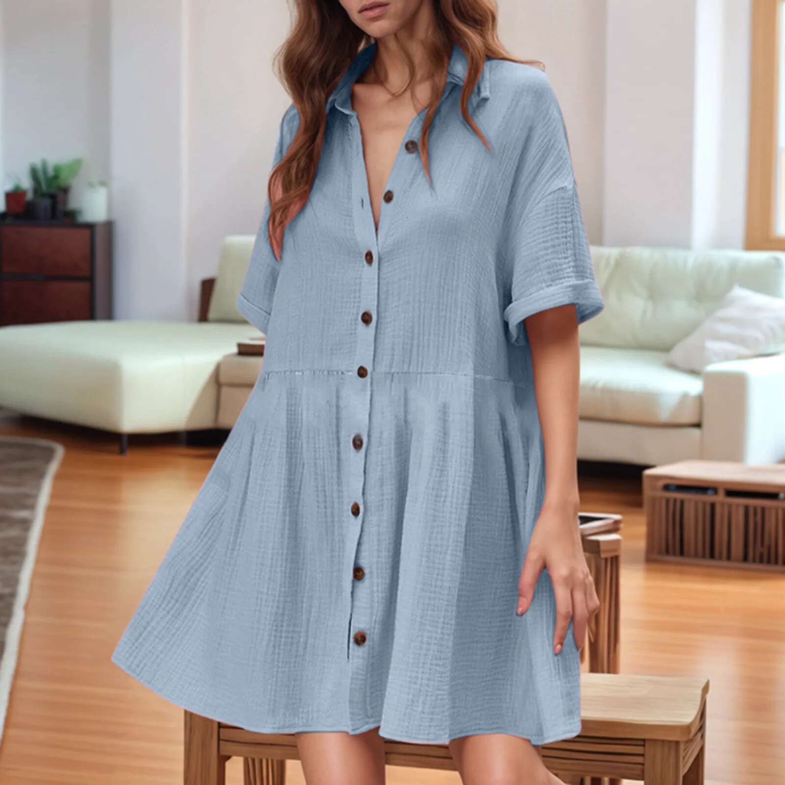 Dongdumaoyi Women S Solid Color Shirt Collar Short Sleeved Cardigan Button Dress Sundress Summer Midi Dresses For