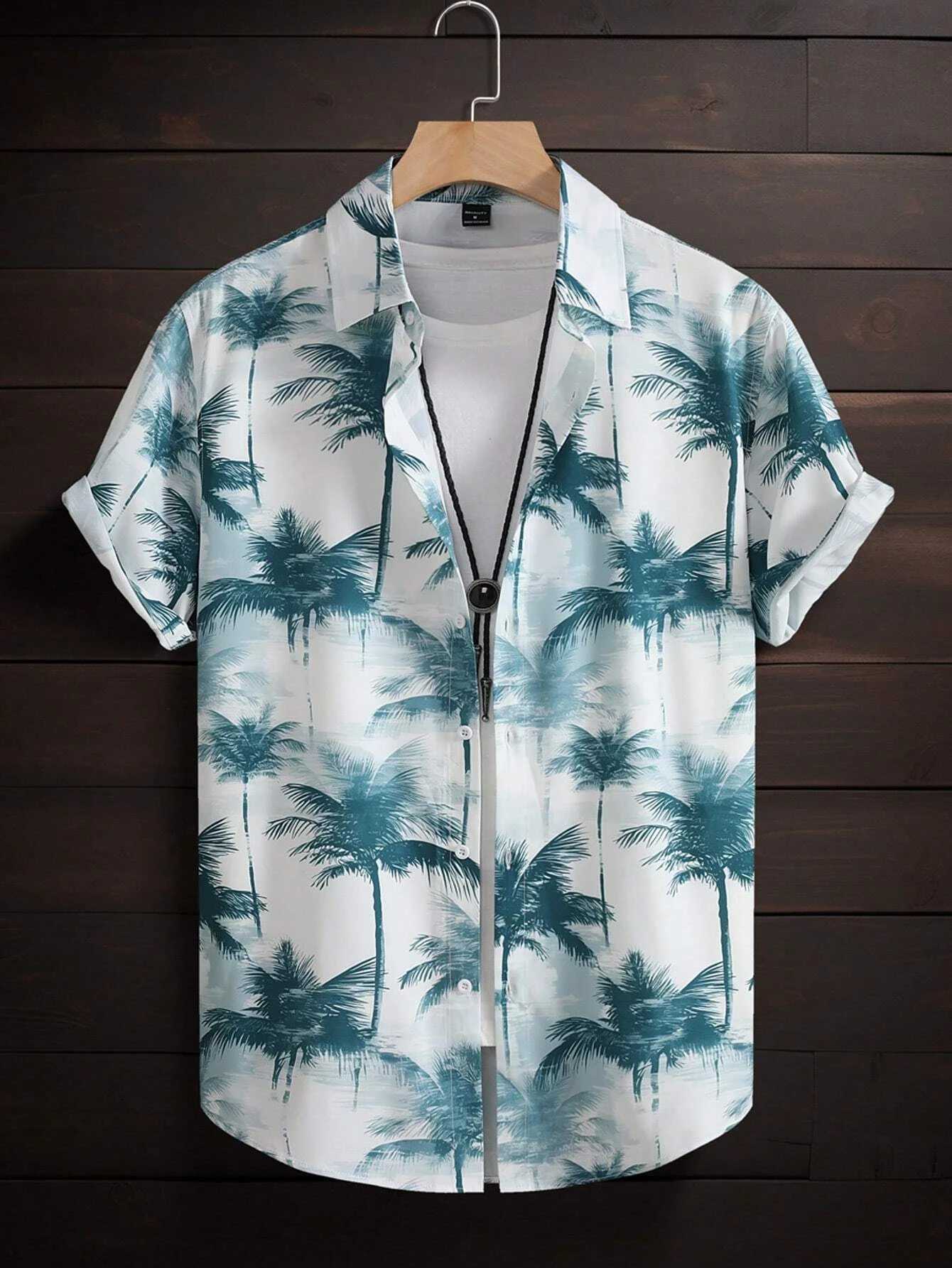 Hawaii colored coconut tree print lapel fashionable mens shirt 2024 mens beach vacation casual style mens short sleeved shirt X250410