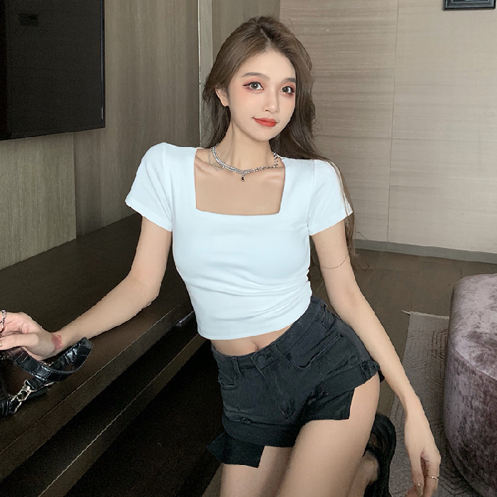2025S Designer Women S T Shirt Summer New Slim Fit Inner Style Square Neck Sleeve T Shirt High Waist Short Open Navel Bottom Top Women S Clothing