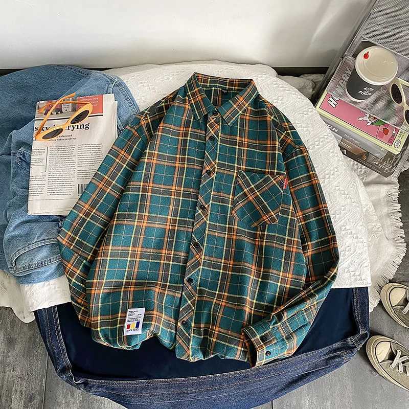 Men Flannel Plaid Shirt Long Sleeve Loose Hip Hop Street Mens Casual Shirts Pocket Male Soft Dress Shirt Plus Size K251110
