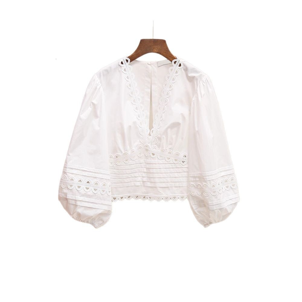 Spring Summer New French Style Gentle Elegant Design Hollow Bowknot Puff Sleeve Short Shirt Top for Women