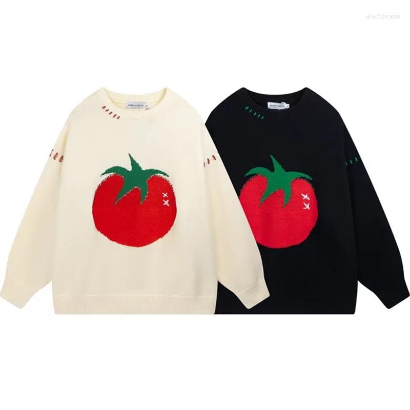 Men's Sweaters Autumn Cartoon Tomato Printed Knitted Sweater For Man Hip Hop Fashion Streetwear Pullovers Retro Aesthetic Y2K Knitwear