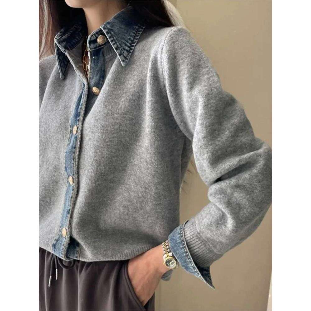Knitted Autumn Cardigan Women Denim Patchwork Fashion Ladies Cardigans Korean Style Loose Casual Woman Sweater Coats