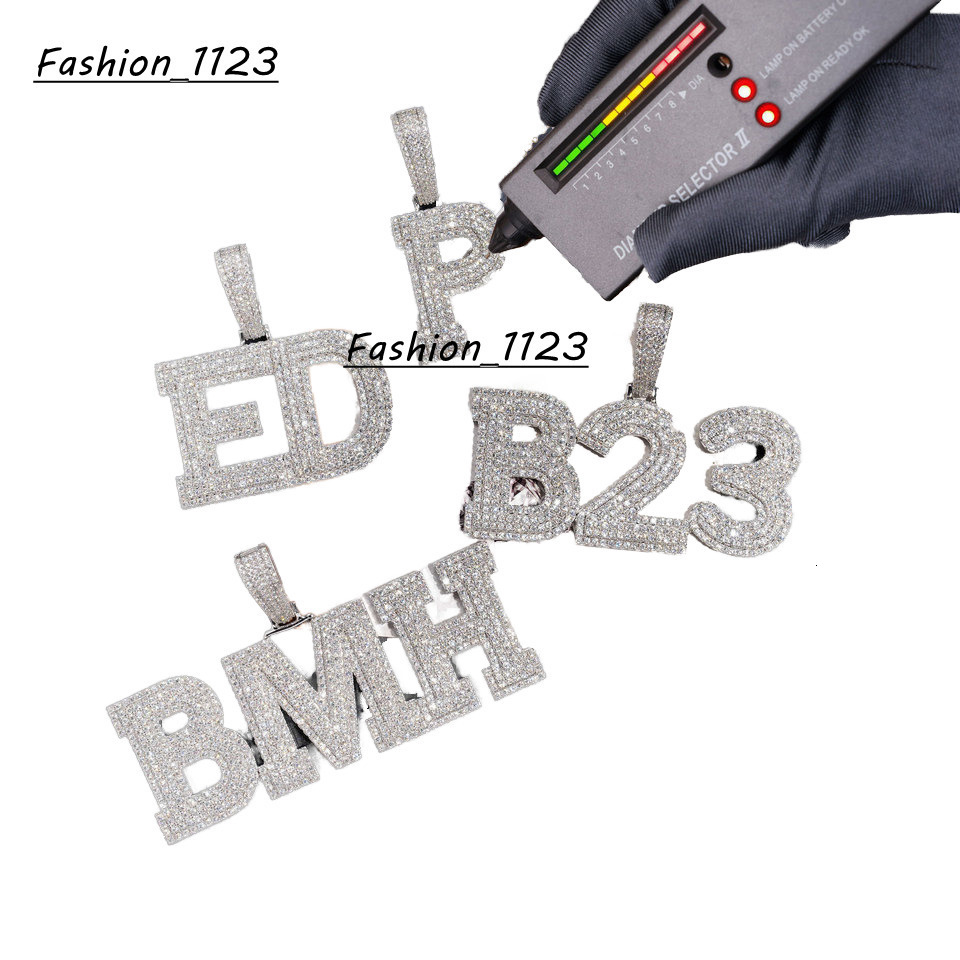 Iced 925 Sterling Silver VVS Moissanite Pendant Necklace A-Z Initials Letters Number Name Gold Trendy Passes Diamond Tester