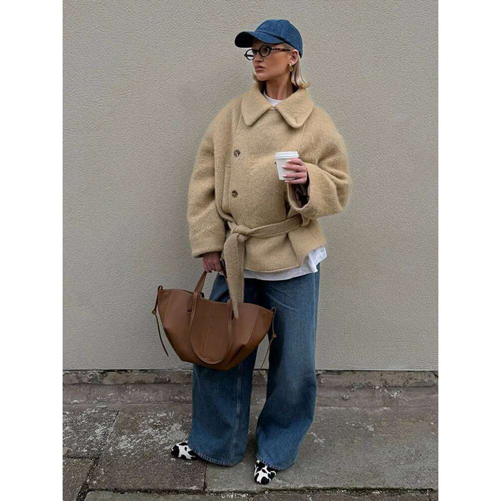 2025 Retro Side Buttons Plush Short Coat Women Elegant Solid Lapel Tweed Coats With Belt Lady Winter Chic Classic Street Outwear
