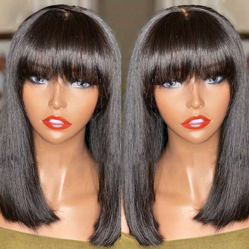 Glueless Short BOB 4X1 Lace Front - Brazilian Remy Human Hair Straight Bob With Bangs Density, No Glue Needed, Easy Wear Instant Wig Women Men | Comfo