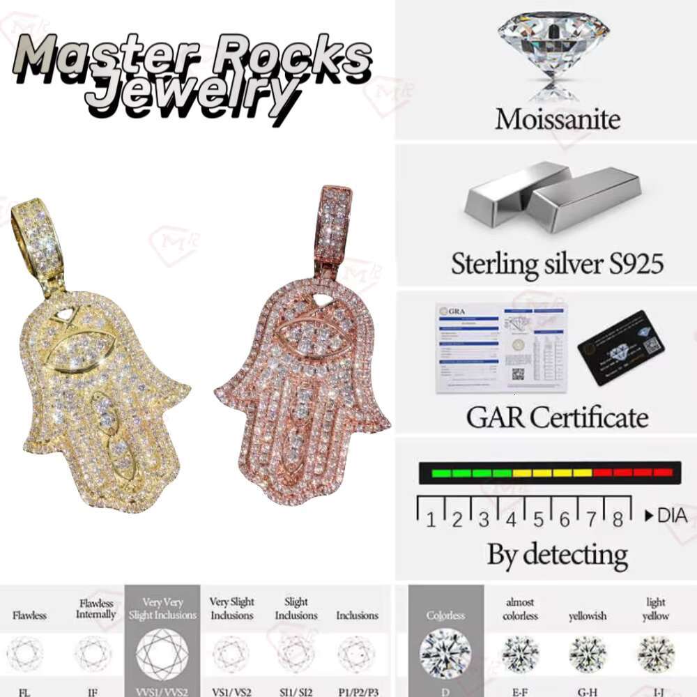 Hiphop Moissanite Pendant 925 Sterling Silver Hamsa Hand Iced Out VVS Custom Moissanite Pendant