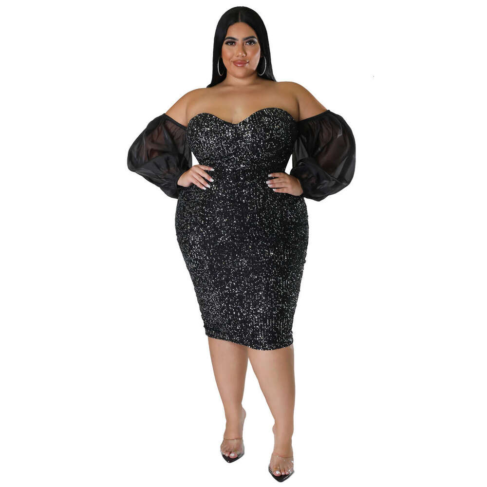 Sexy Sequin Strapless Mesh Solid Color Evening Tight Hot Girl Bodycon Night club maxi dress SEXY DRESSES FOR WOMEN