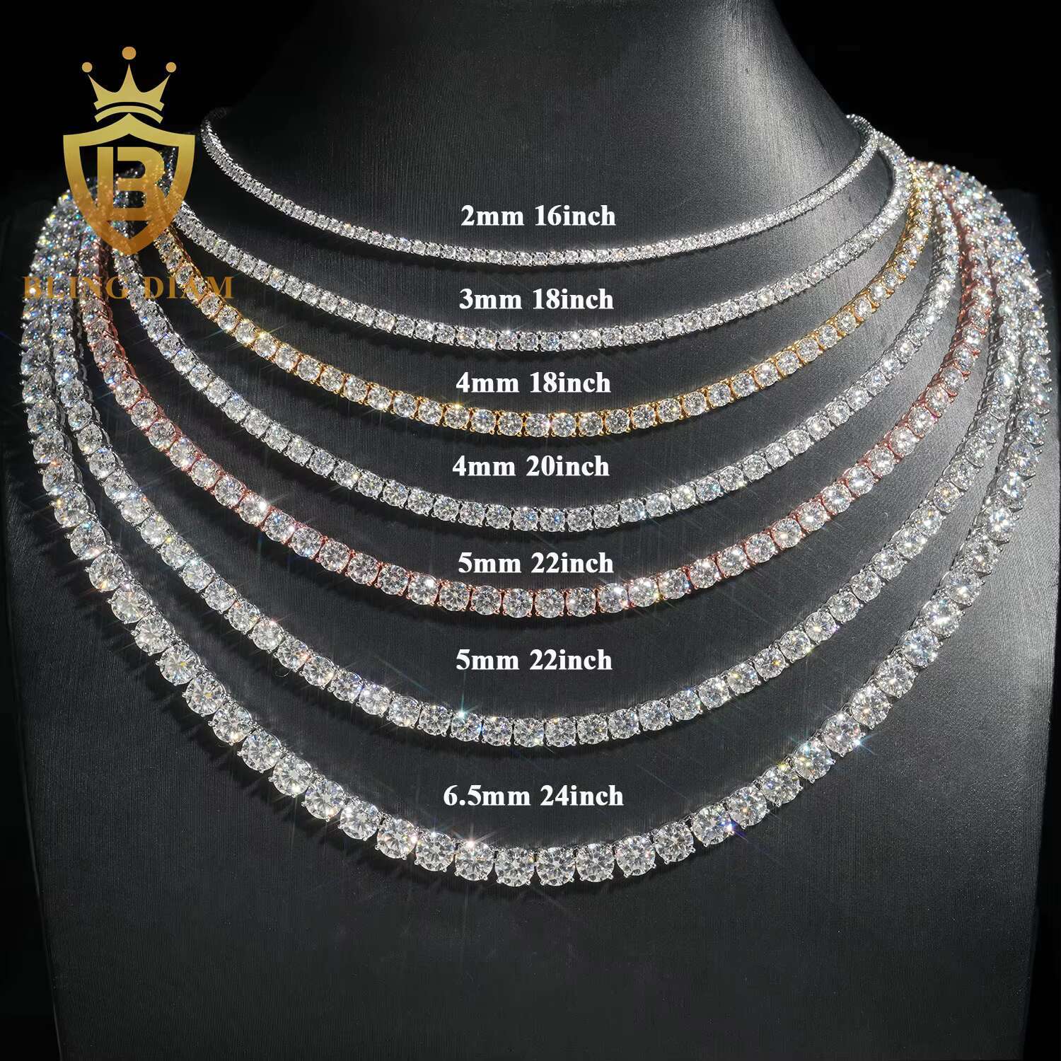 Ready Shipping 2mm 3mm 4mm Moissanite Tennis Chain 925 Sterling Silver Hip Hop Tennis Chain Necklace Rapper Jewelry
