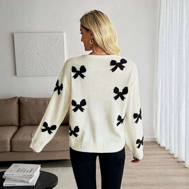 Benuynffy Bow Pattern Tie Front Short Women's Autumn Winter 2025 Fashion Y2k Long Sleeve Knitted Sweater Cardigan Designer Sweater Women