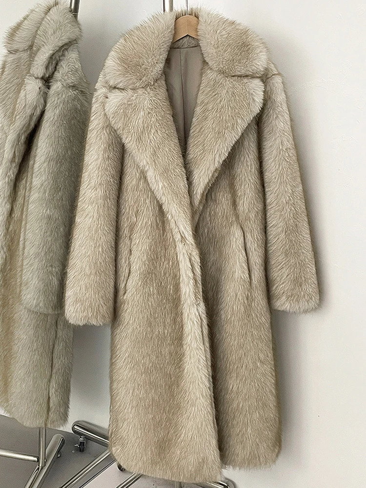 Mueyeruho Winter Women Faux Fur Jacket Coat Solid Khaki Long Sleeve Thick Warm Overcoat Outwear Fluffy For 251110