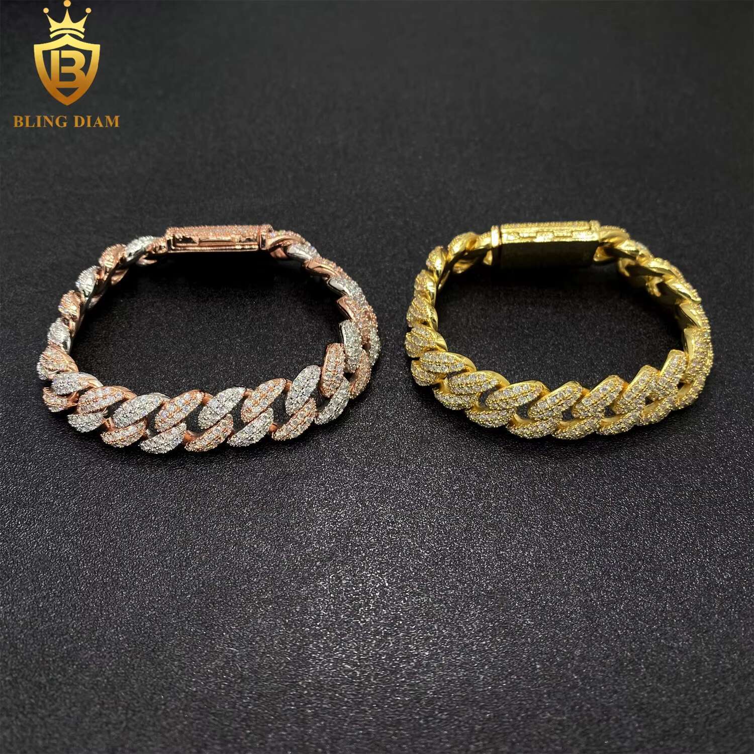 12mm Hip Hop Miami Cuban Link Chain 2Rows 925 Silver Vvs Moissanite Iced Out Gold Plated Promotions and Discounts