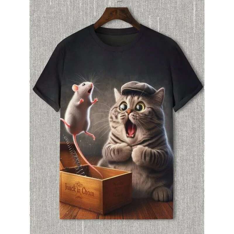 Interesting cat 3D printed T-shirt for men, interesting dinosaur pattern T-shirt, fashionable new casual oversized round neck men's clothing