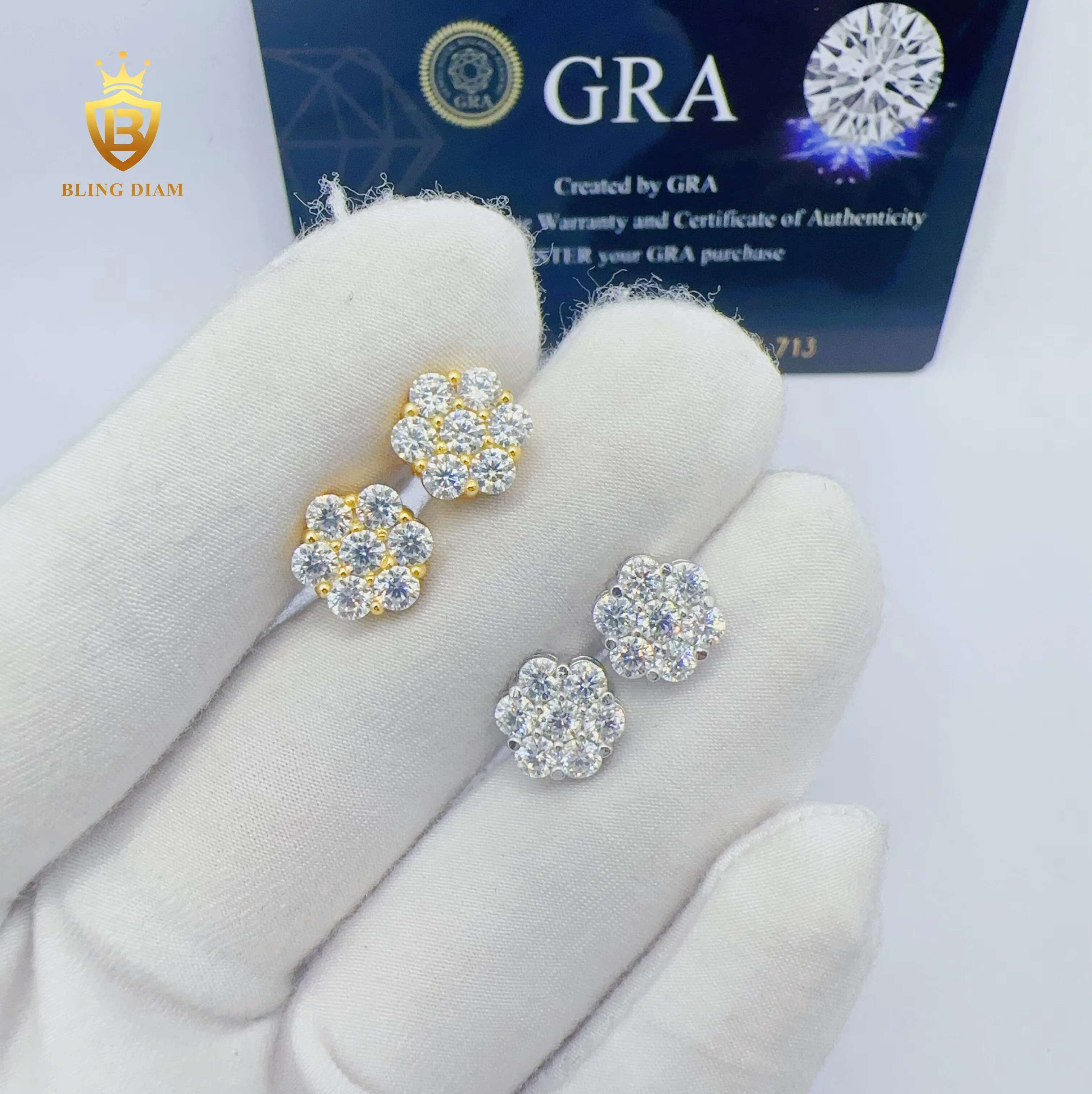 Blingdiam Jewelry Fashion Flower Design 8mm Earrings VVS Moissanite Hip Hop Stud Earrings for Women