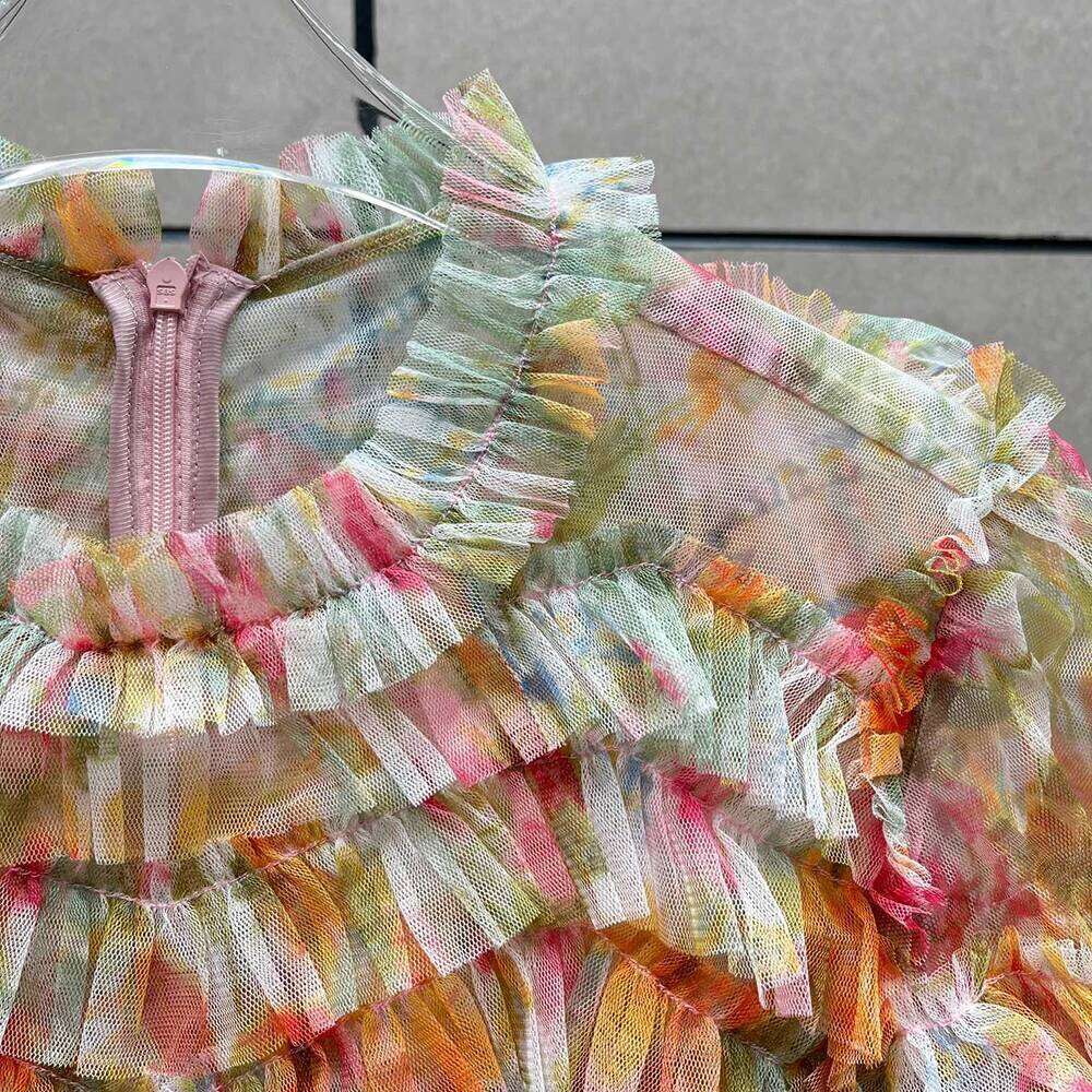 Layered Mesh Women's Y2k Fashion Printed Temperament Elegant Commuter Short Sleeve Round Neck Dress 2025 Summer New