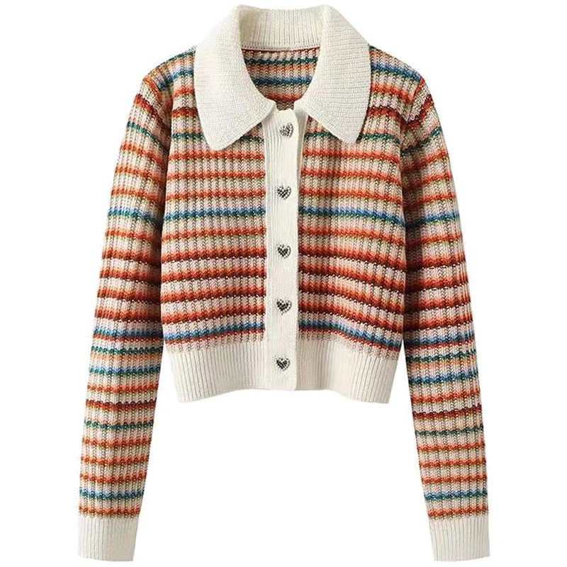 Womens Colorful Striped Knitted Cardigan Short Spring Autumn Vintage Stripe Sweater Fashion Slimming Flip Collar Loose Top 251103