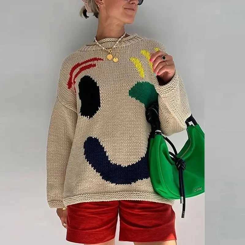 Fashion New 2024 Autumn Womens Oversized Sweaters O Neck Knitwear Long Sleeve Loose Fit Pullovers Female Casual Smile Boho Sweater Tops Y251110