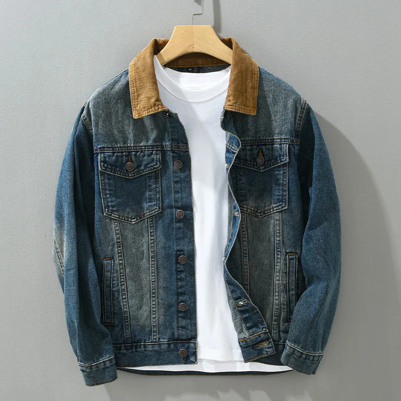 Mens patchwork denim jacket vintage American casual workwear youth hardship old wash denim jacket top 250410