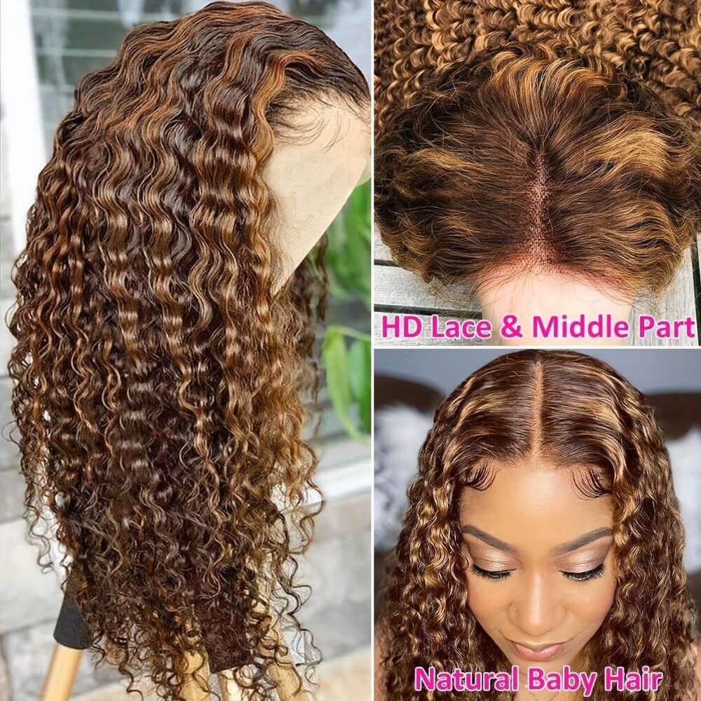 Women's 250% Density Glueless HD Frontal Wig Pre-Plucked Honey Blonde Ombre Highlights Deep Wave Curly Human 13X4 Lace With 4/27 Colored Real Hai
