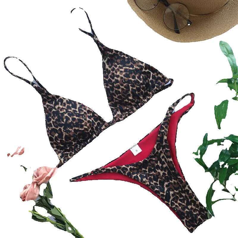 2024 Micro Leopard bikini women's high waisted bandage push up sexy swimsuit padded thong swimsuit, summer beach vacation 1