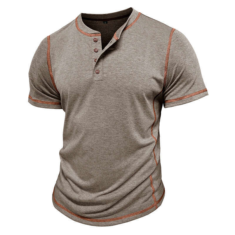 Summer European and American Short sleeved Henley Shirt Round Neck Color blocked Top T-shirt Men's Wear 2025 New Casual Versatile Fashion Clothin
