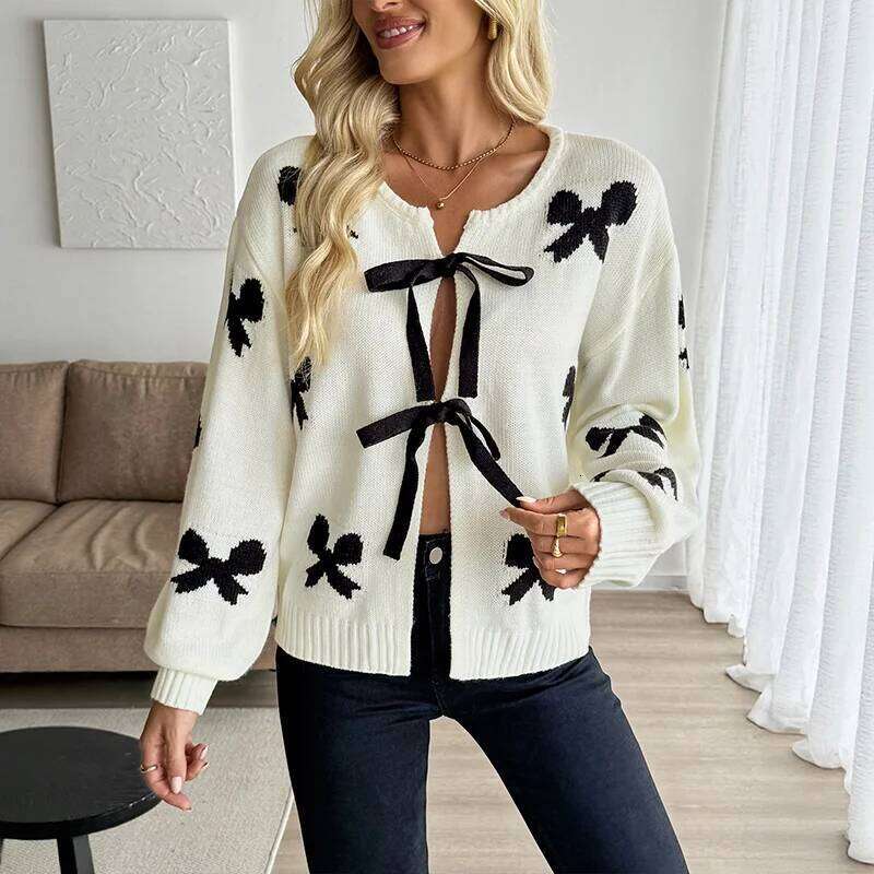 Benuynffy Bow Pattern Tie Front Short Women's Autumn Winter 2025 Fashion Y2k Long Sleeve Knitted Sweater Cardigan Designer Sweater Women