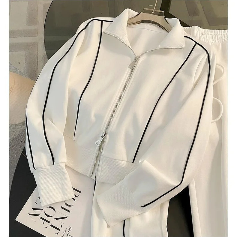 Women Sport Matching Sets Two Pieces Pant Set Solid Lines Double Zipper Coat Drawstring Wide Leg Pants Loose Casual Autumn 251110