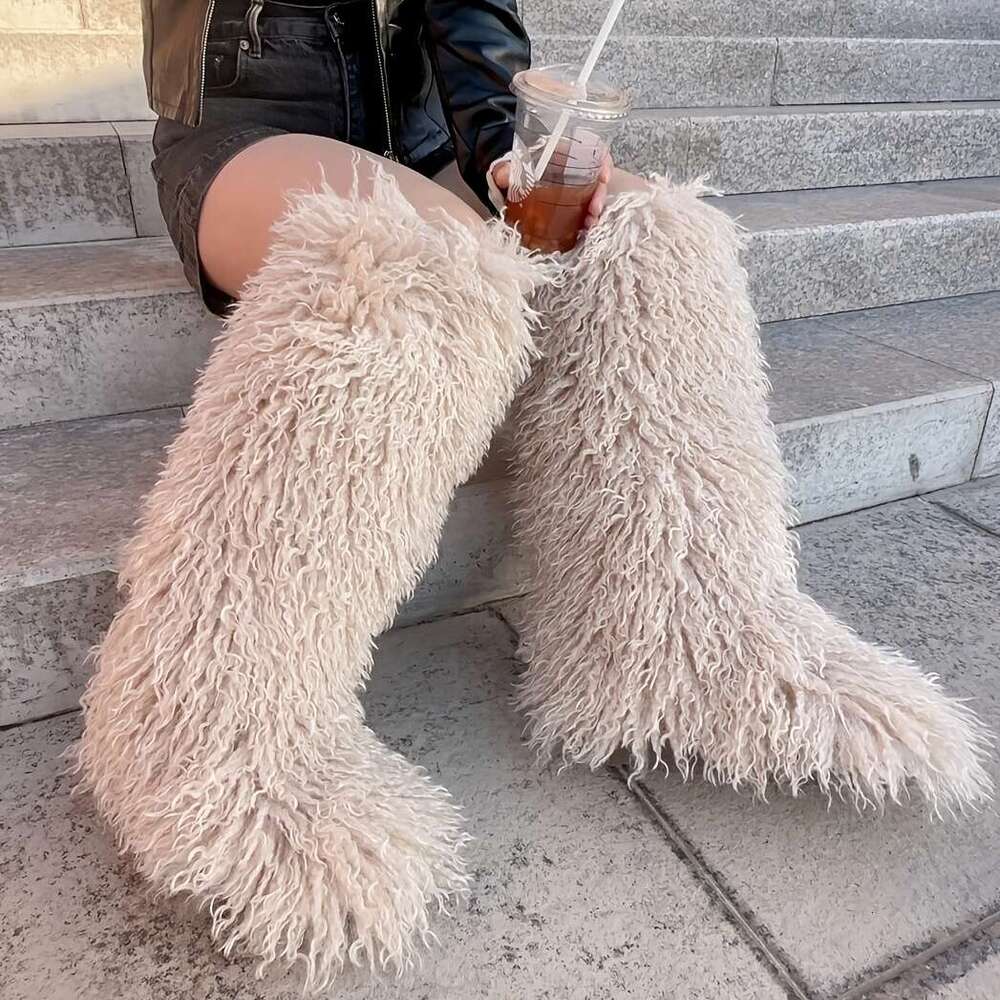 Women'S Y2K Knee-Length Fluffy Snow Boots - Cozy Brown Faux Fur with Rubber Sole, Warm Winter Footwear for Outdoor Use, Cute and Stylish Desig