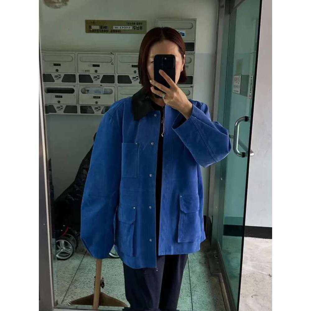 Contrast Color Women's Suede Jacket Single Breasted Zipper Lapel Pockets Long Sleeve Coats 2025 Spring Street Commuter Outwears