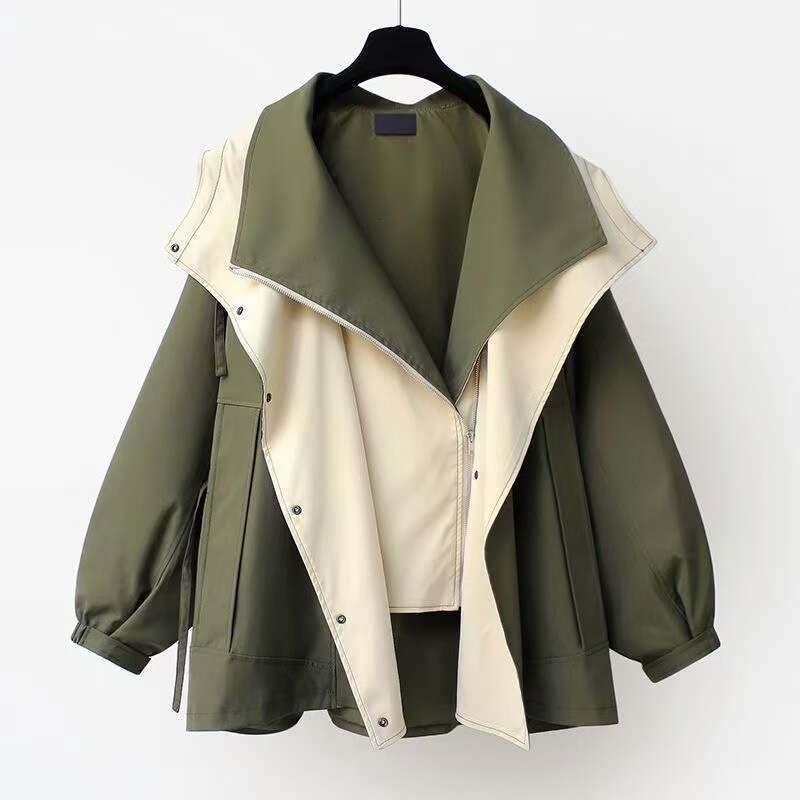 2025 Autumn New European and American Women's Fashion Loose Turn-Down Collar Hooded Zipper Patchwork Trench Coat