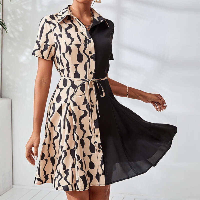 Cross-Border Foreign Trade Summer European and American Short-Sleeve Slim Fit Waist-Tie Cardigan A-Line Midi Dress Color-Block Design