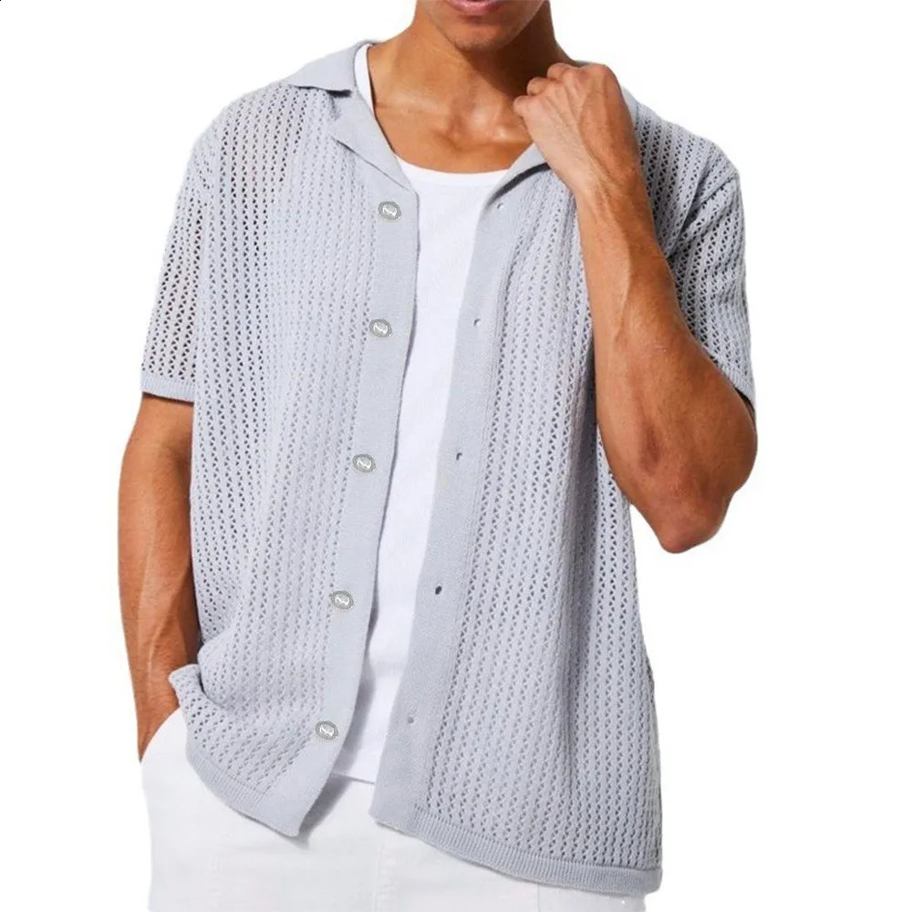 2025 Instant sale of the summer casual pure color mens shirt hollow-out shirt knitted short-sleeved cardigan 250407