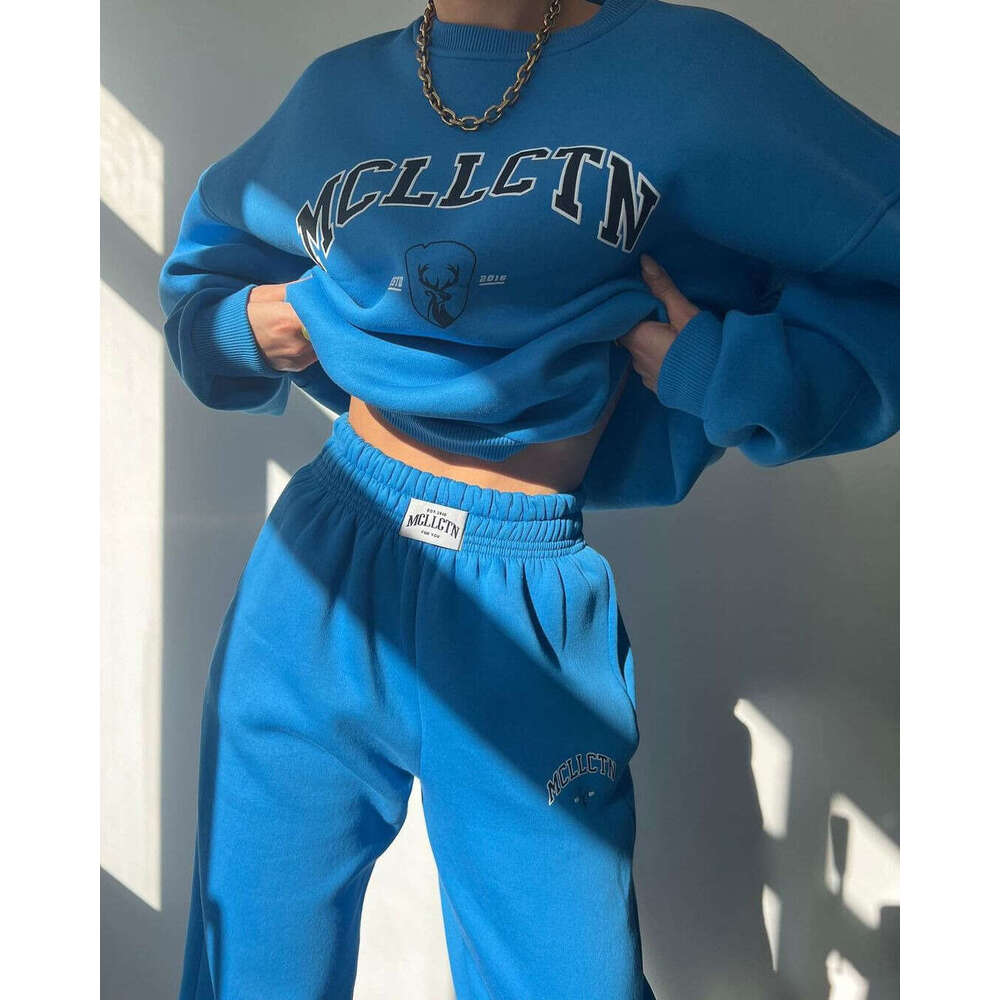 2024 European and American women's casual fashion printed thick suit with fleece hoodie long sleeved pants set