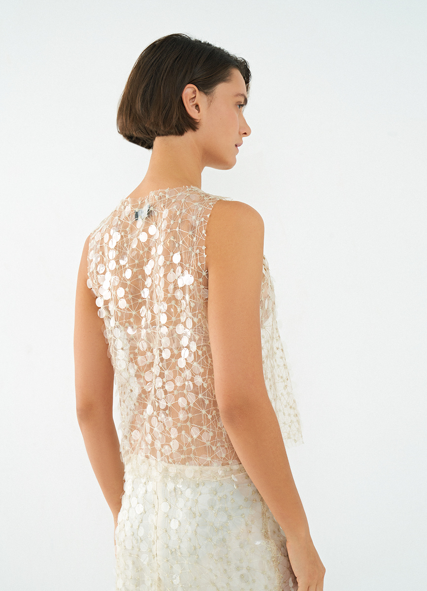 Women's Beige Large Sequin Scoop Neck Sleeveless Top, Flared Silhouette Party Blouse