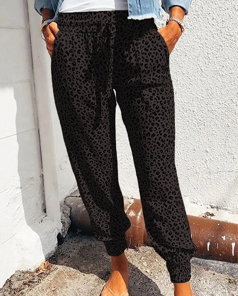 Summer European and American Womens Leggings Loose Leopard Print Lace Up Casual Pants 250409