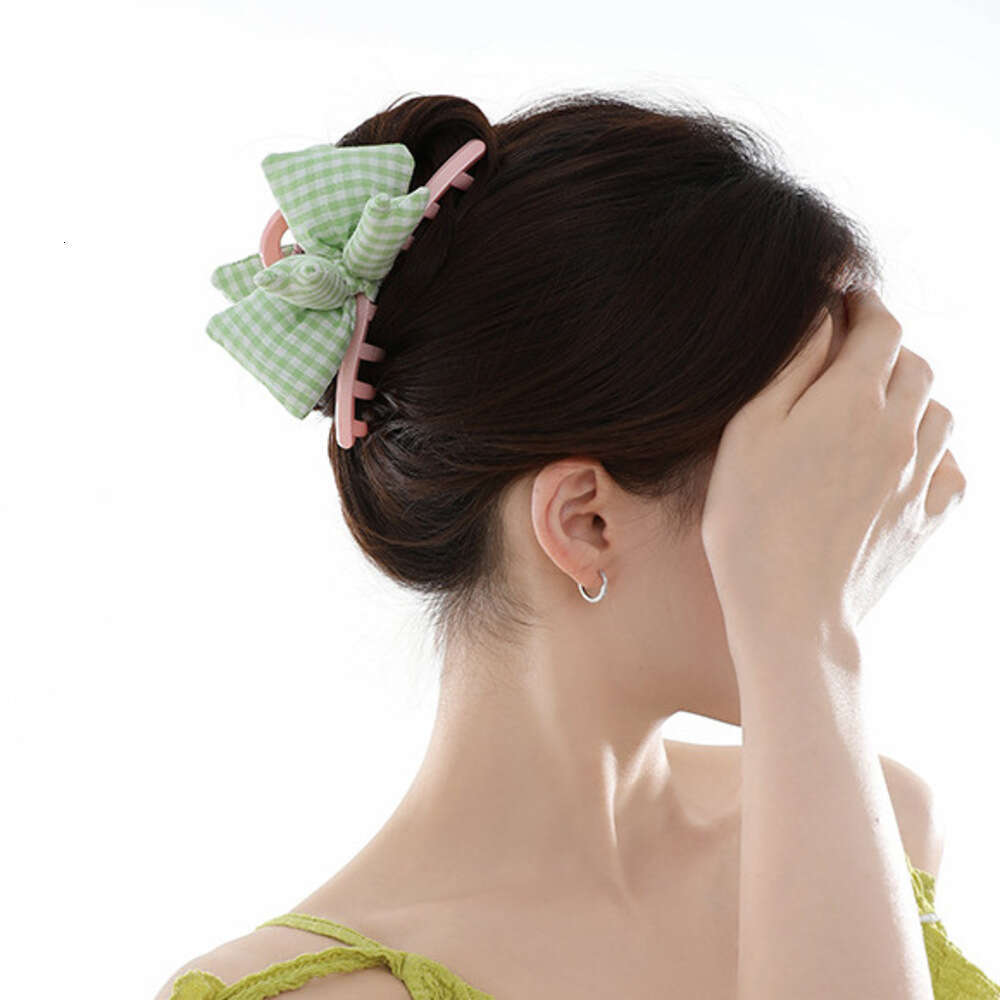 DHcollections Korean INS Style Simple Plaid Bow for Women Sweet High-end Feel Back of Head Bun Shark Clip Hair Accessory