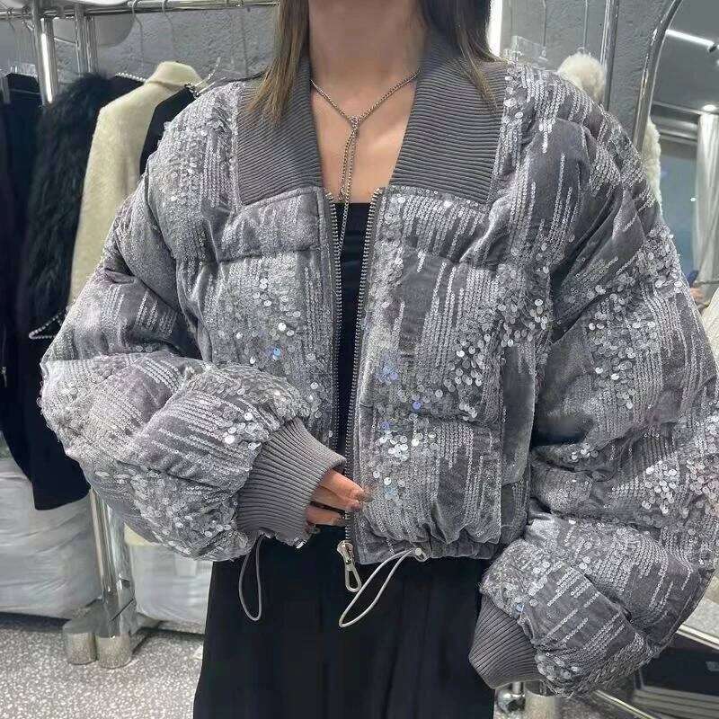 Sequins Women Parkas Fashion Zipper Loose Puffer Jacket Thick Warm Overcoat Winter Cotton Coat