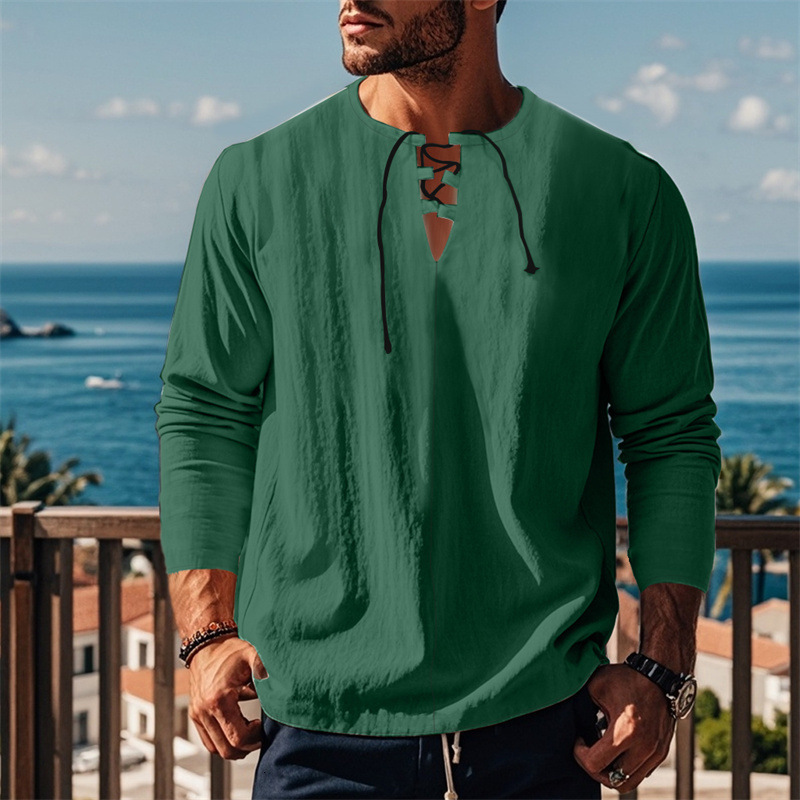 2025 Spring and Autumn New Cotton and Hemp Loose Strap V-neck Long sleeved Shirt Fashion Casual Top Long sleeved T-shirt