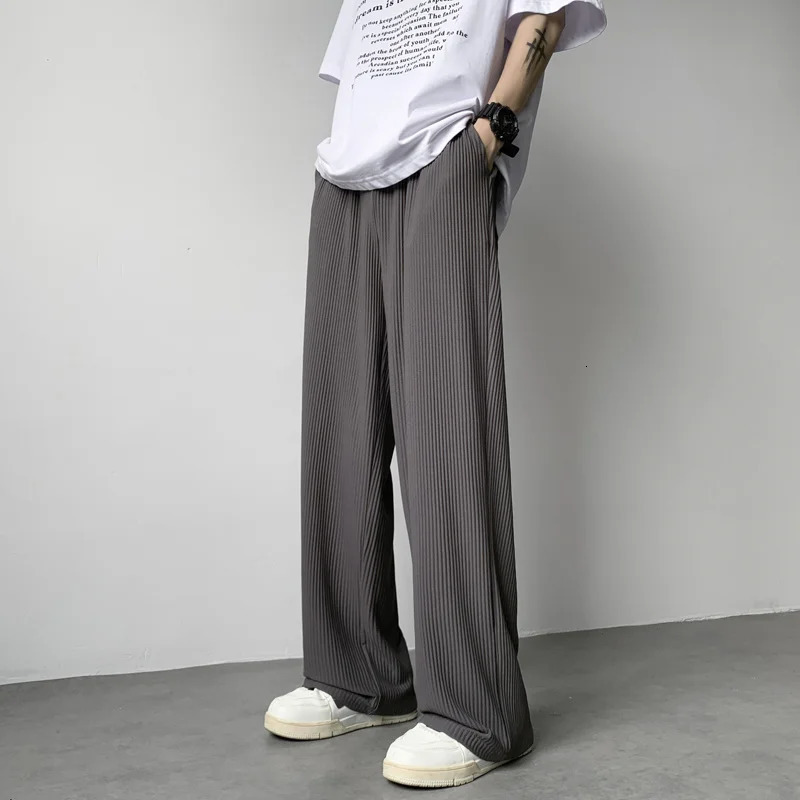 Summer Pleated Pants Men Fashion Oversized Ice Silk Pants Men Japanese Streetwear Hip-hop Loose Straight Pants Mens Trousers 250408