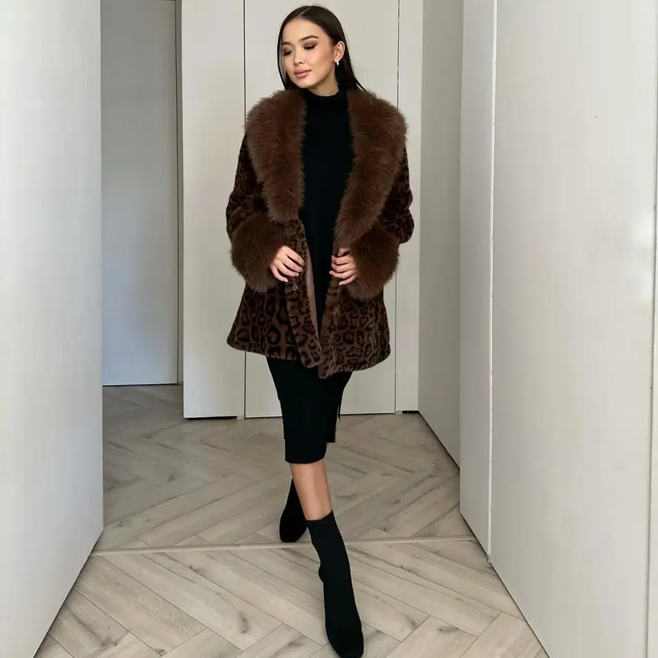 y Leopard Print Faux Fur Jacket Women Lapel Vneck Full Sleeve Lace Up Loose Warm Jackets Lady Winter Daily Street Coat 251110