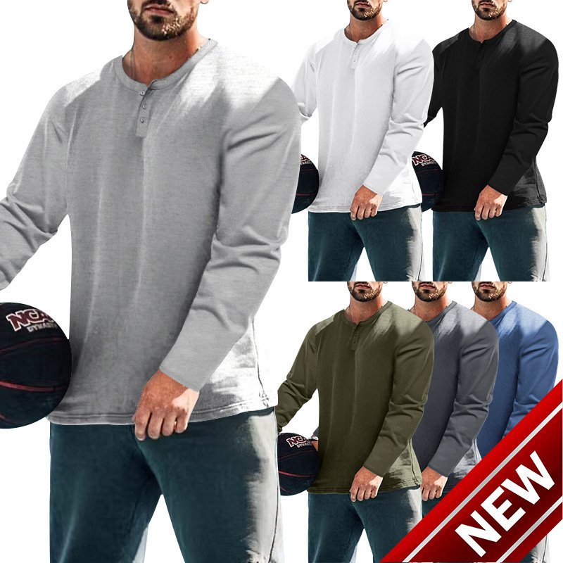 2024 mens spring and autumn round neck long sleeved T-shirt loose fitting pullover casual solid color T-shirt base shirt