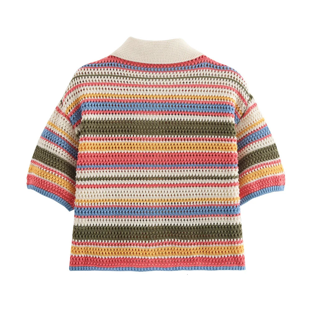 Autumn European and American Womens Casual Stripe Printed Short Sleeve Flip Collar Open Woolen Sweater Casual Shorts Set 250409