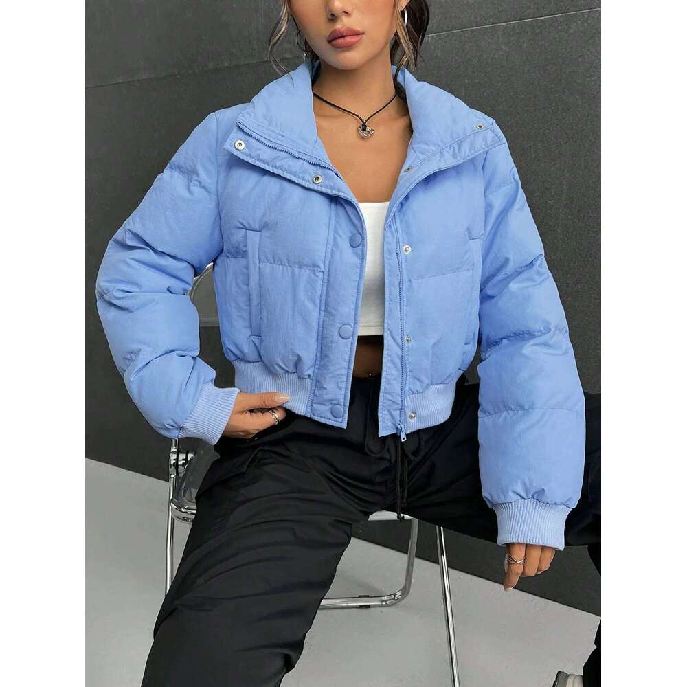Women's American-Style Stand-Up Collar Zipper Cotton-Padded Spring Warm Short Bread Jacket Casual Outerwear