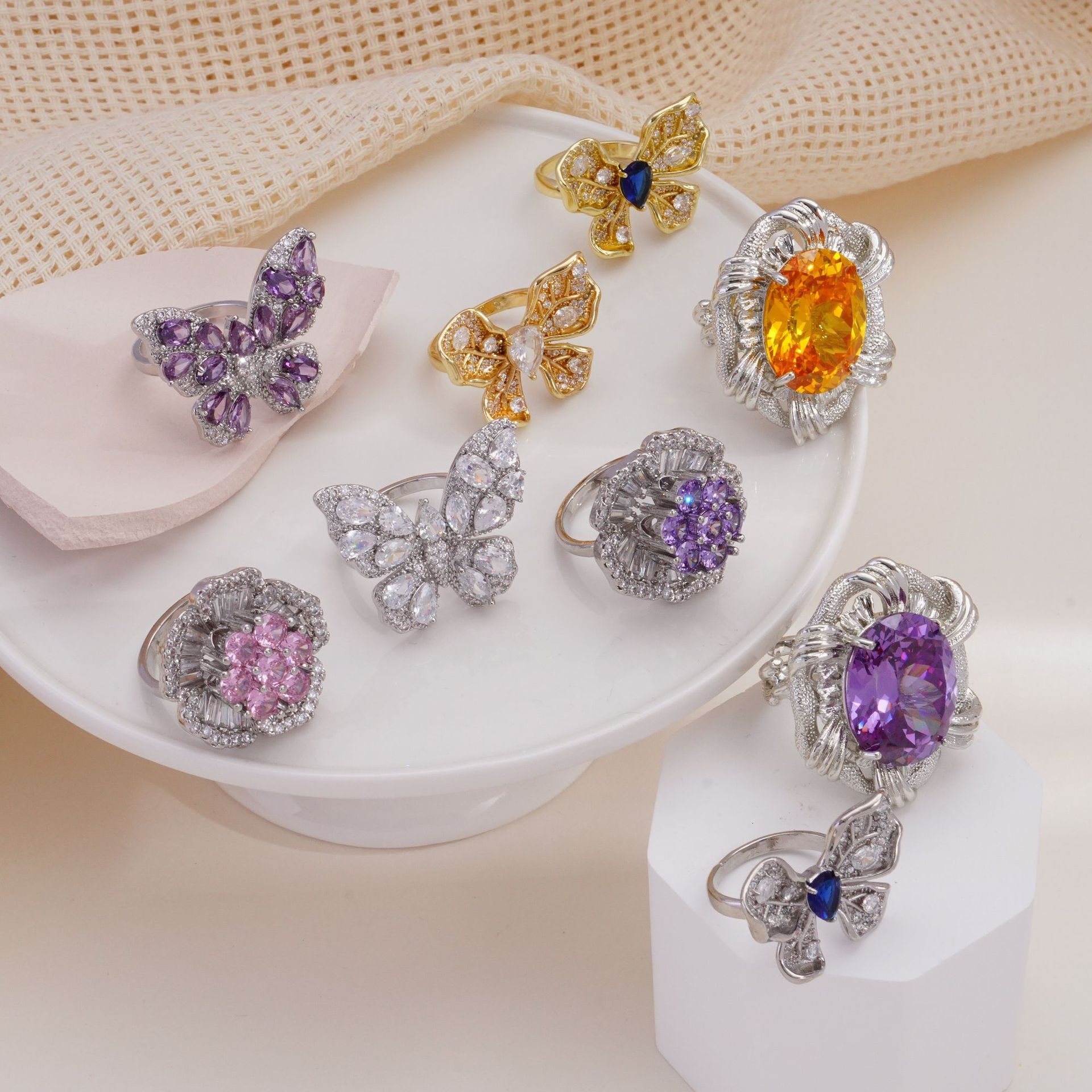 Lightweight Luxury Floral Ring Fashionable Copper Designer Ring Fashionable Women's Ring Multifunctional Super Fairy Heavy Craft Purple Zircon Ri