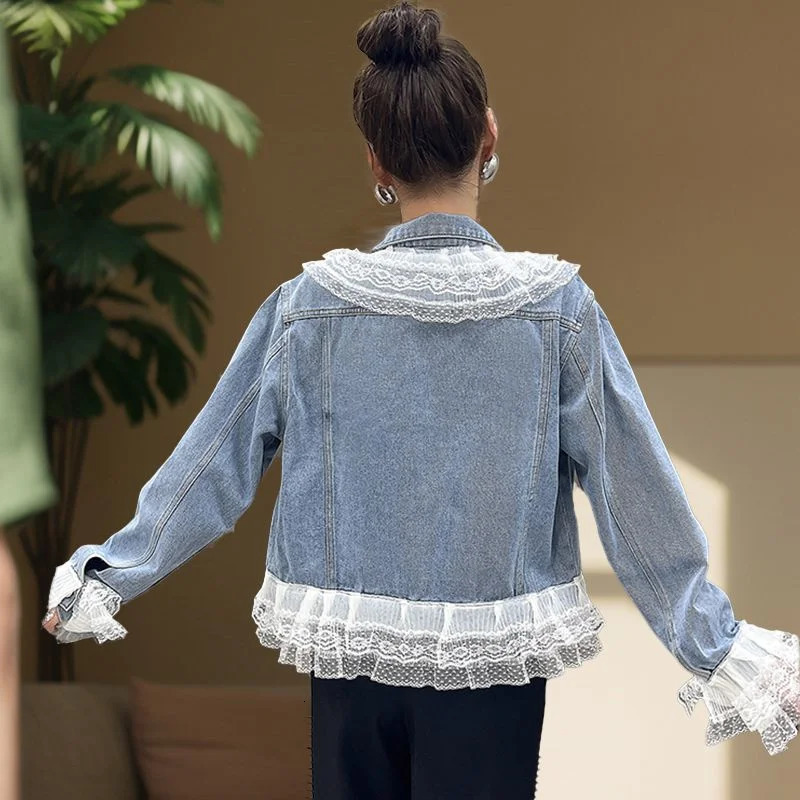 Womens denim jacket fashion lace patch work spring autumn casual denim jacket outerwear oversized 5XL 250409