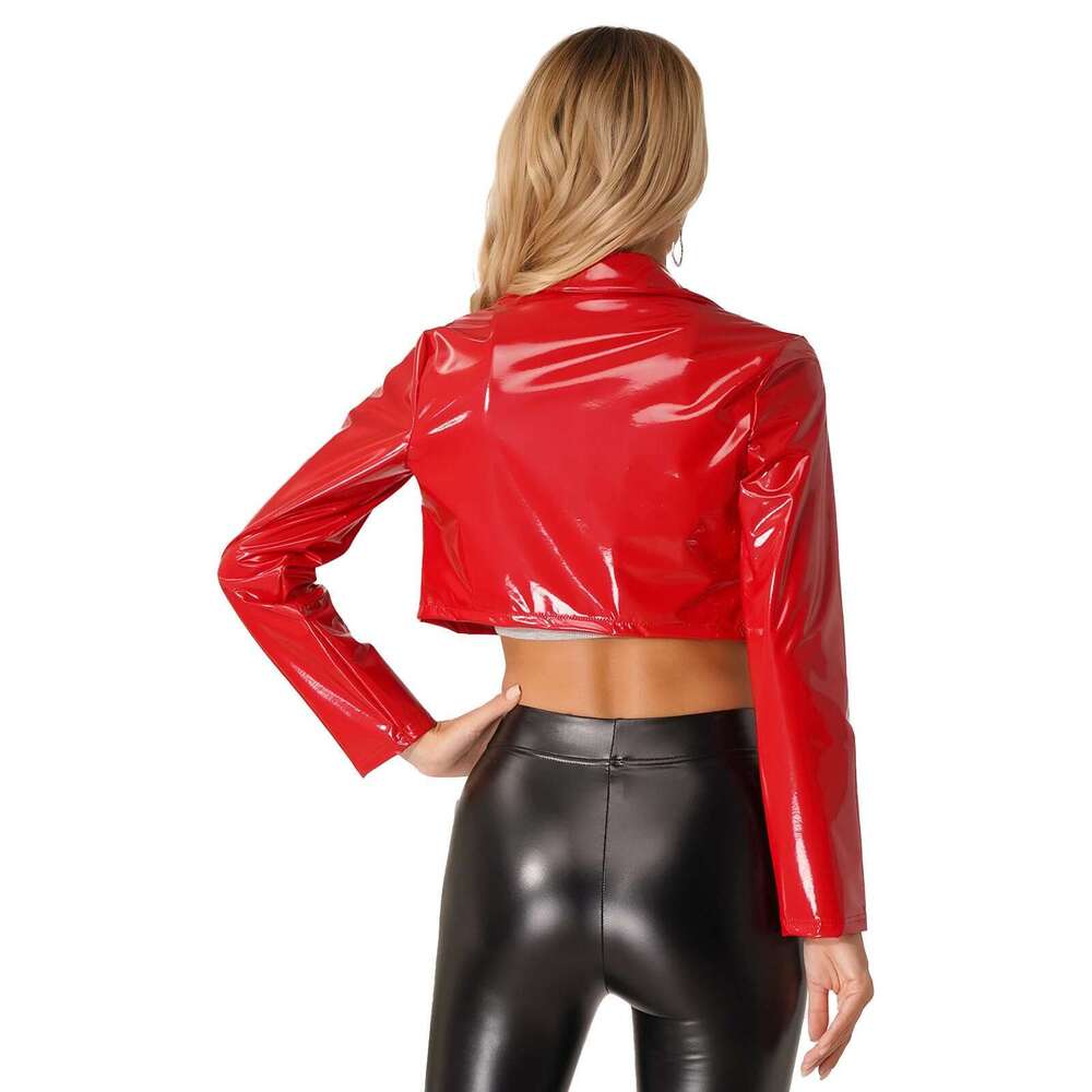 Women's Glossy Wetlook Blazer With Lapels Short Jacket Latex Leather Long Sleeve Cropped Coat Rave Party Clubwear