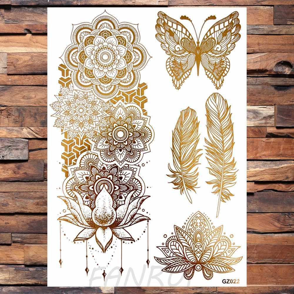 Real Elephant Moon Temporary Tattoo Female Fake Butterfly Lace Mandala Tattoo Sticker Gold Waterproof Chest Tattoo W250410