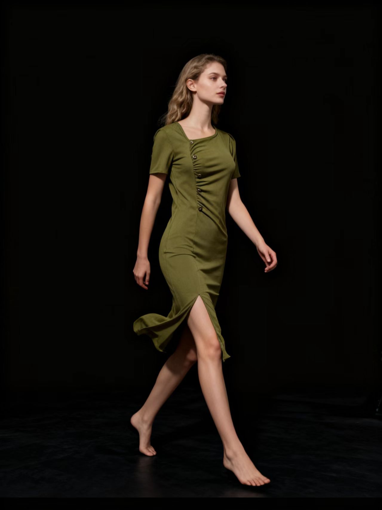 Olive Green Side-Button Slim-Fit Dress Short-Sleeve Split-Hem Bodycon Skirt French Vintage-Inspired Commuter Midi Skirt